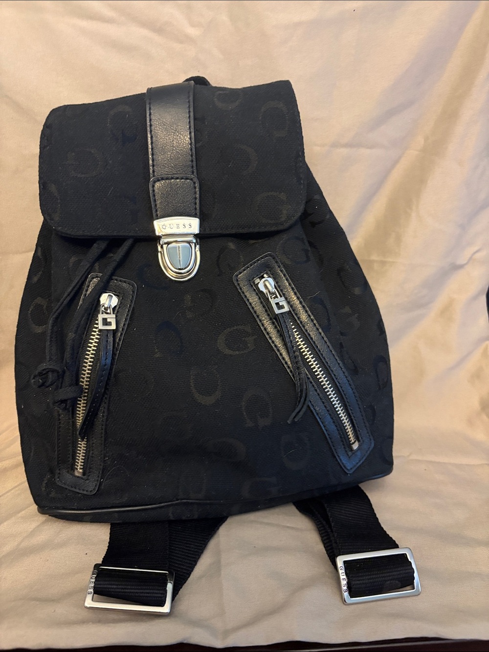 Guess Black Logo Backpack with Silver Hardware